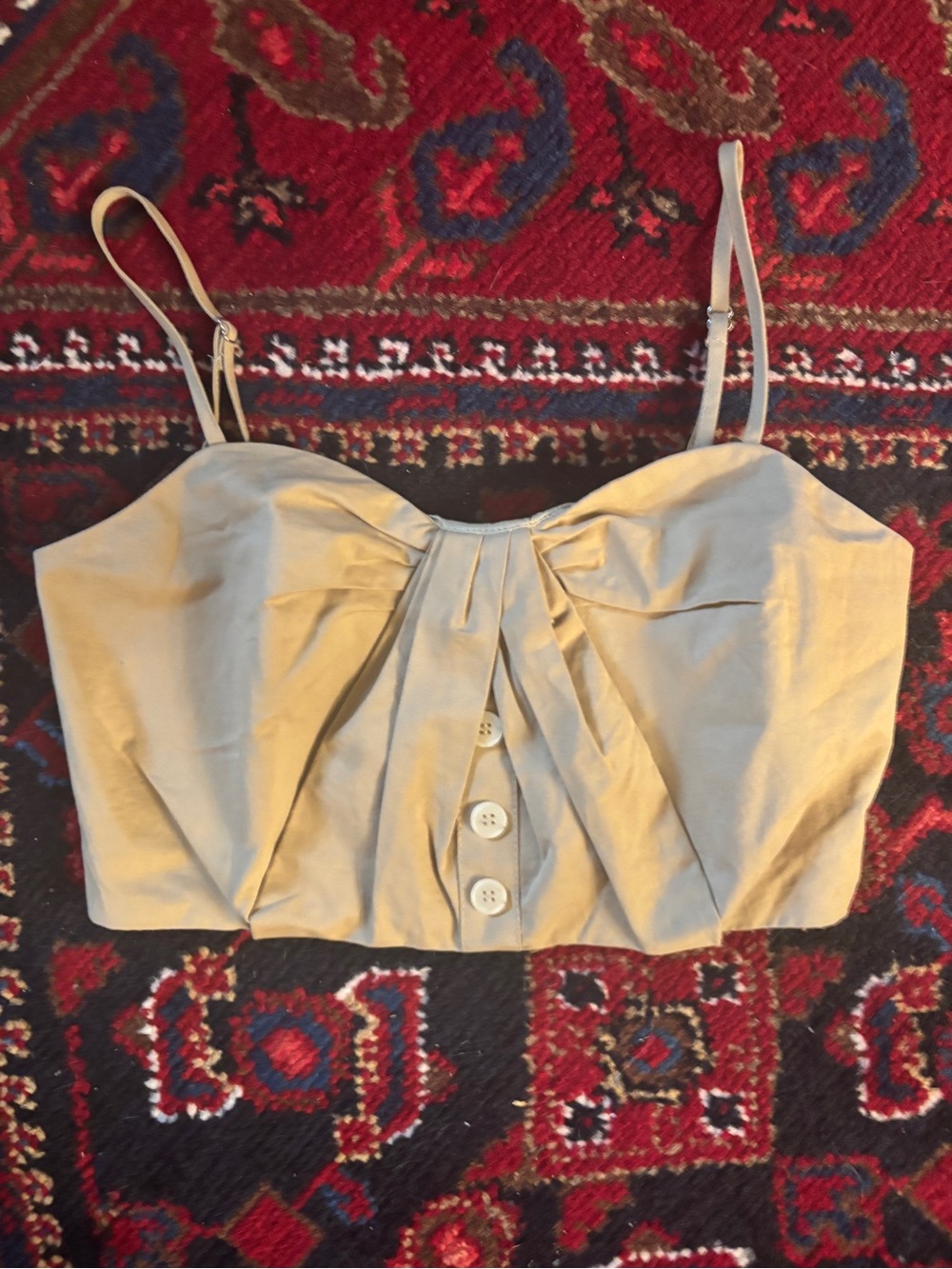 Beige Button-Front Pleated Crop Top